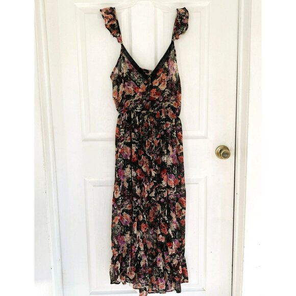 Forever 21 Babydoll Dress M Sheer Ruffles Asymmetric Dark Floral Fairy Cottageco - Picture 1 of 13